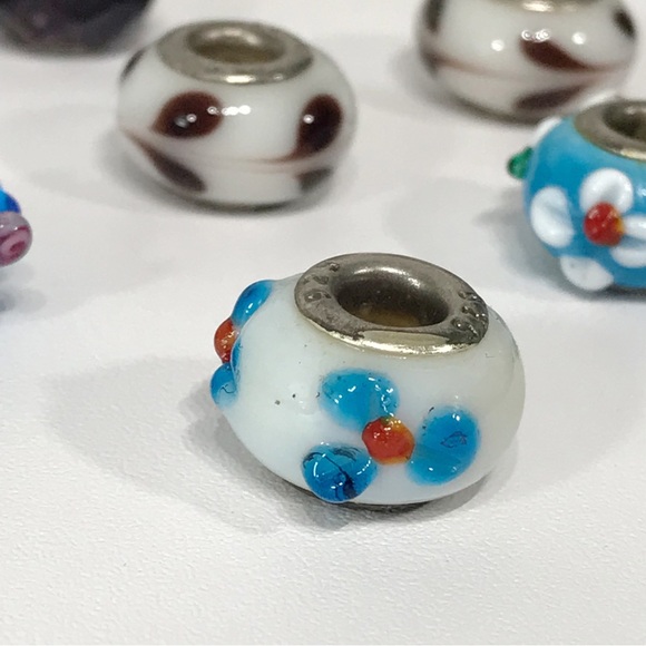 925 Sterling Silver Lampwork Art Glass Pandora Style Beads Lot Set 7 Charms - Picture 6 of 7